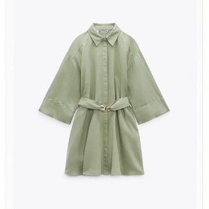 Zara Pale Green Linen Blend Shirt Dress Mini Size M